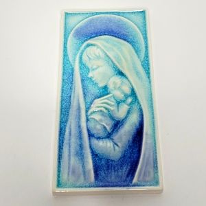 Blue Crackle Glaze Madonna and Child Ceramic Tile Wall Decor Japan Very Rare